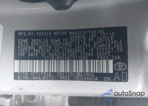 2016 Toyota Corolla Le from USA, damaged, VIN 2T1BURHE4GC571895